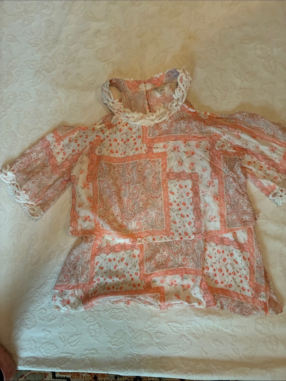 Cato Coral & White Lace TrimFloral Blouse